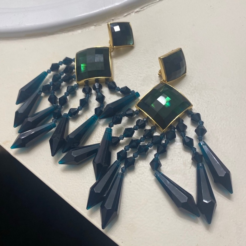 Balmain H&M emerald green and gold chandelier earrings in original box!
